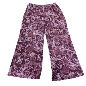 Jay Lee XL Paisley Wide Leg Palazzo Pants Boho Festival 70s Maroon Cream Stretch